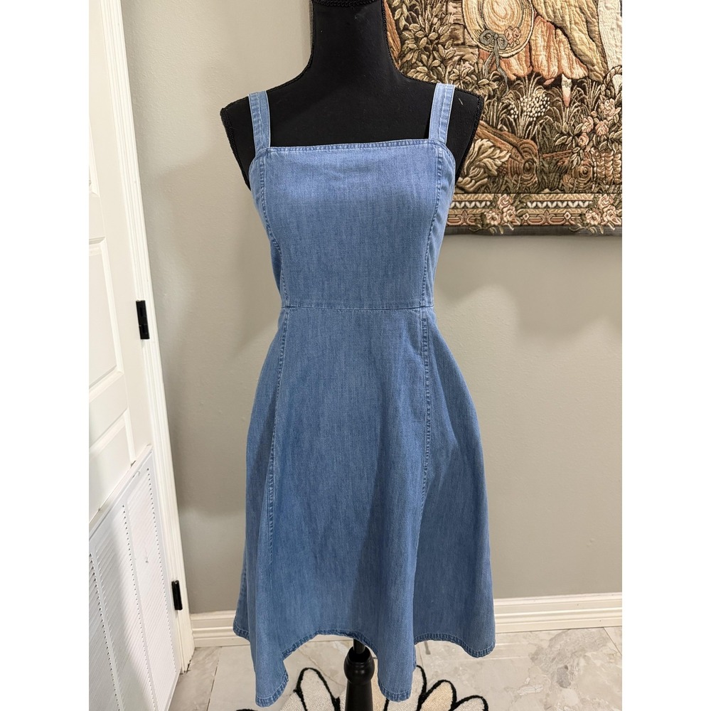 Gap Dress Womens 00 Blue Denim‎ Square Neck Fit Flare Knee Length Sundress